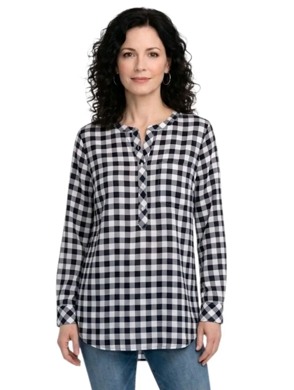 Talbots Navy Blue Plaid Button Neck Long Sleeve Popover Tunic Shirt Size M